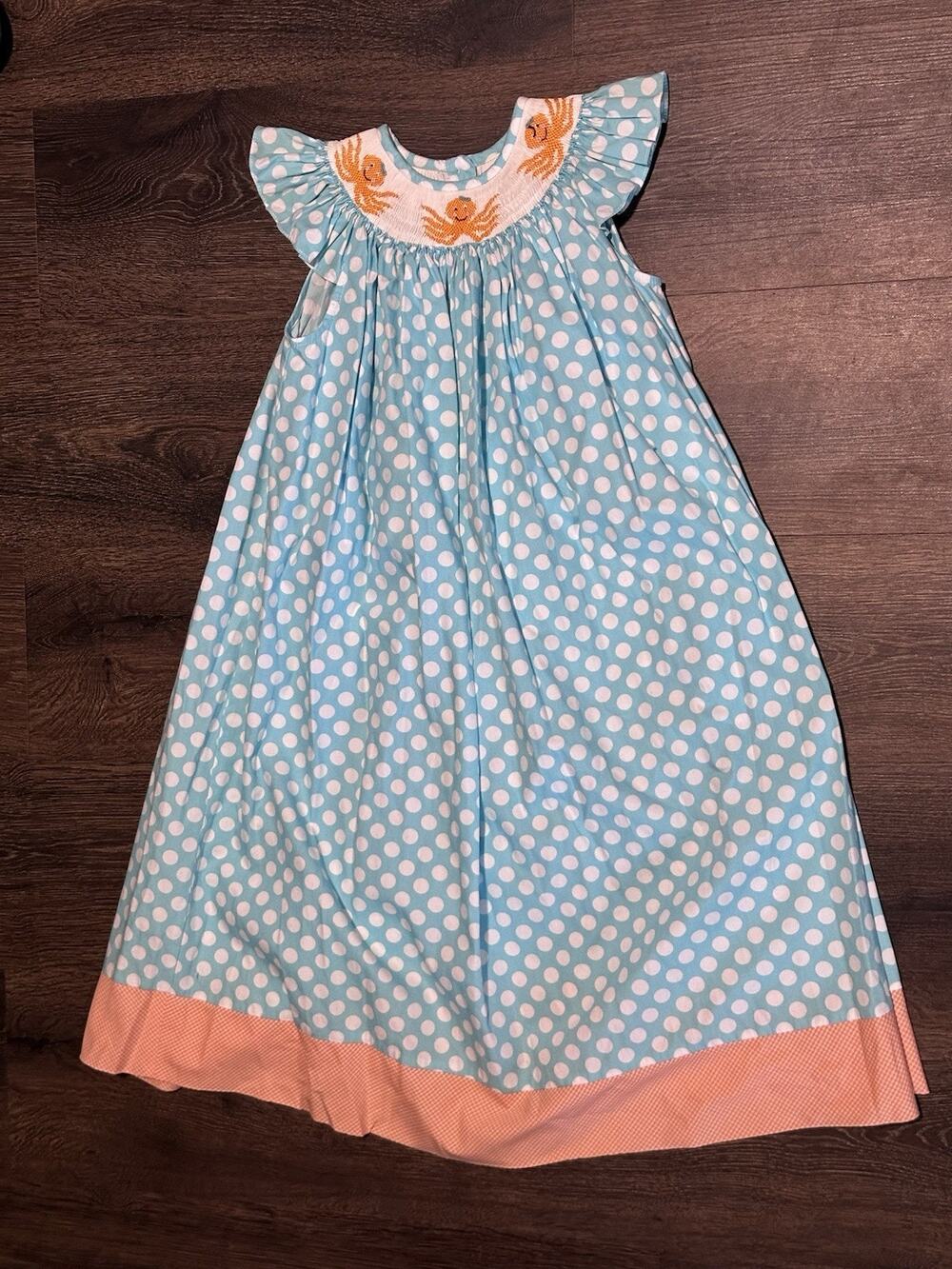 lolly wolly doodle Smocked Dress Blue Orange Pokadot SZ 6 Cotton Octopus